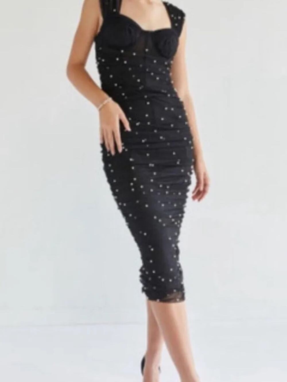 Francescas limelight size large Elegant Black Pearl-Embellished Mesh Dress corse
